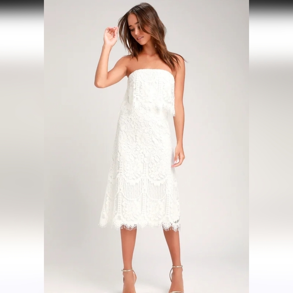 Lulu's Delia White Lace Strapless Midi Dress Womens‎ Size Xs